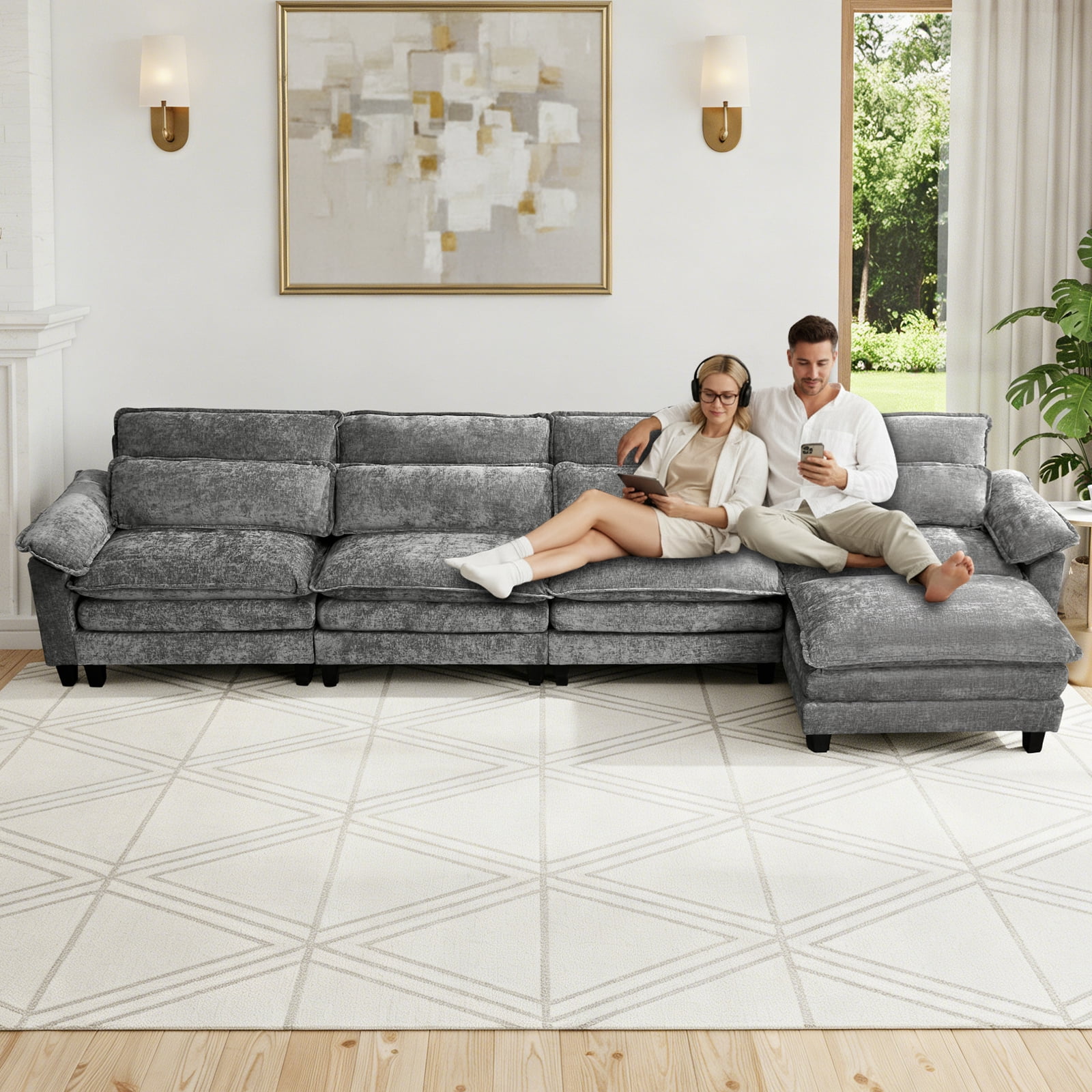 Howcool 148" Modular Sectional Sofa , 4 Seater L-Shaped Cloud Couch with Movable Ottoman, USB Charging Ports & Side Pockets, Sectional couchs for Living Room,Chenille Fabric,Grey