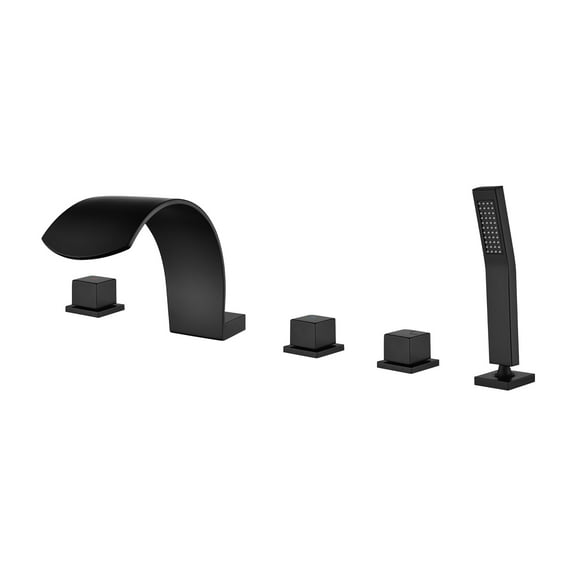 Cobbe Deck Mount Bathroom Bathtub Faucet with 2 Switches, 1 Diverter Knob, 3.74-Inch Wide Waterfall Spout and Handheld Sprayer Matte Black