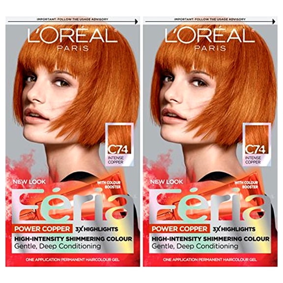 L'Oreal Paris Feria Multi-Faceted Shimmering Permanent Hair Color Dye, C74 Intense Copper, 2 Pack