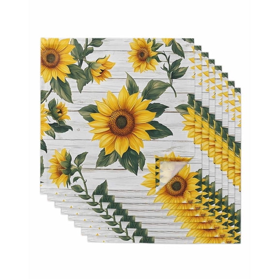 nqOlkjepod Farmhouse Sunflowers Cloth Napkins Set of 8 Reusable Dinner Napkins, Botanical Floral Wooden Grain Cocktail Napkin Washable Table Napkins for Wedding/Holiday Party/Baby Shower 20"x20"