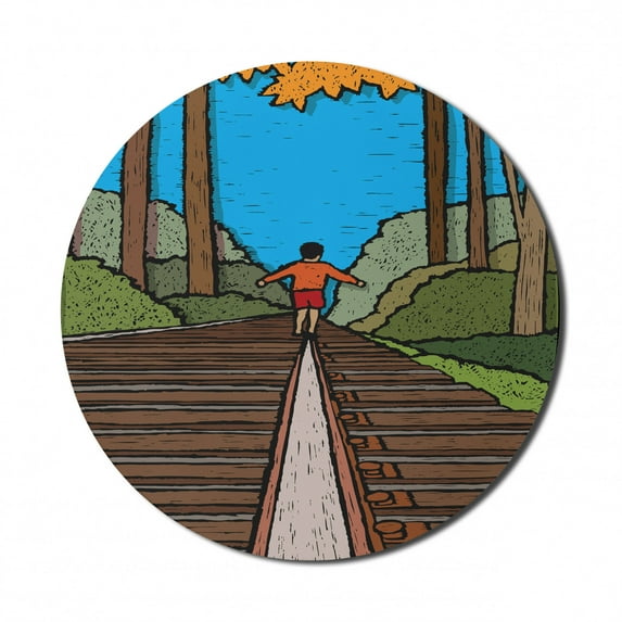 Adventure Mouse Pad for Computers, Autumn Kid Exploring Leaf Tree on Railways Forest Colorful Sketch Illustration, Round Non-Slip Thick Rubber Modern Mousepad, 8" Round, Multicolor, by Ambesonne