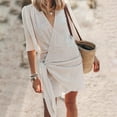 thumbnail image 2 of Vestido mediano de manga corta con cuello en V de lino para mujer: color liso, cómodo, se ajusta a la talla, para la playa o para llevar por la calle; tallas S-XXXL, 2 of 5