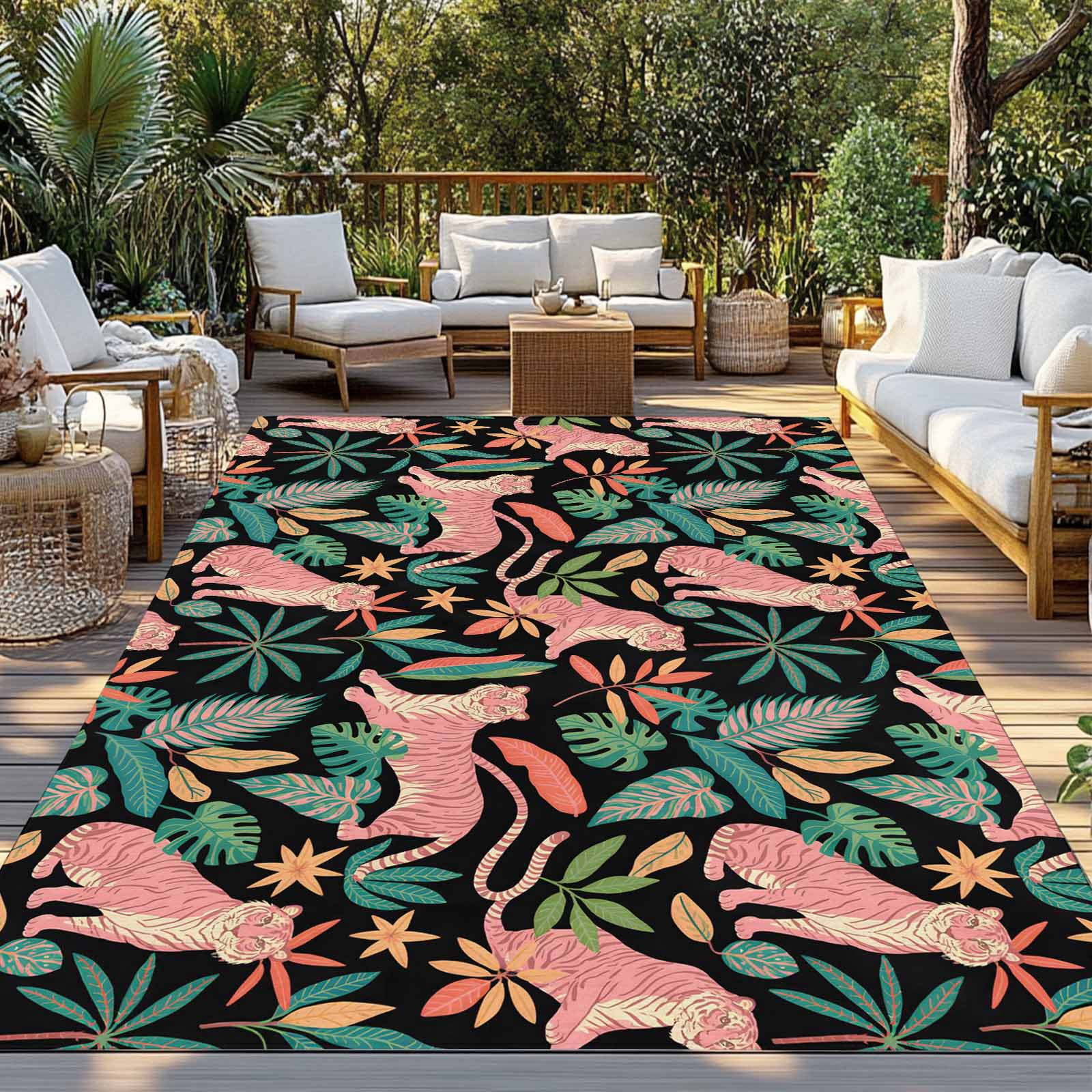 Farmhouse Tiger Outdoor Rug 6x9 Ft - Reversible Patio Rug Outdoor Camping Rugs, Summer Watercolor Animals Palm Trees Washable Indoor Outdoor Area Rugs, Non-Slip Outdoor Carpet Runner for Deck/Porch