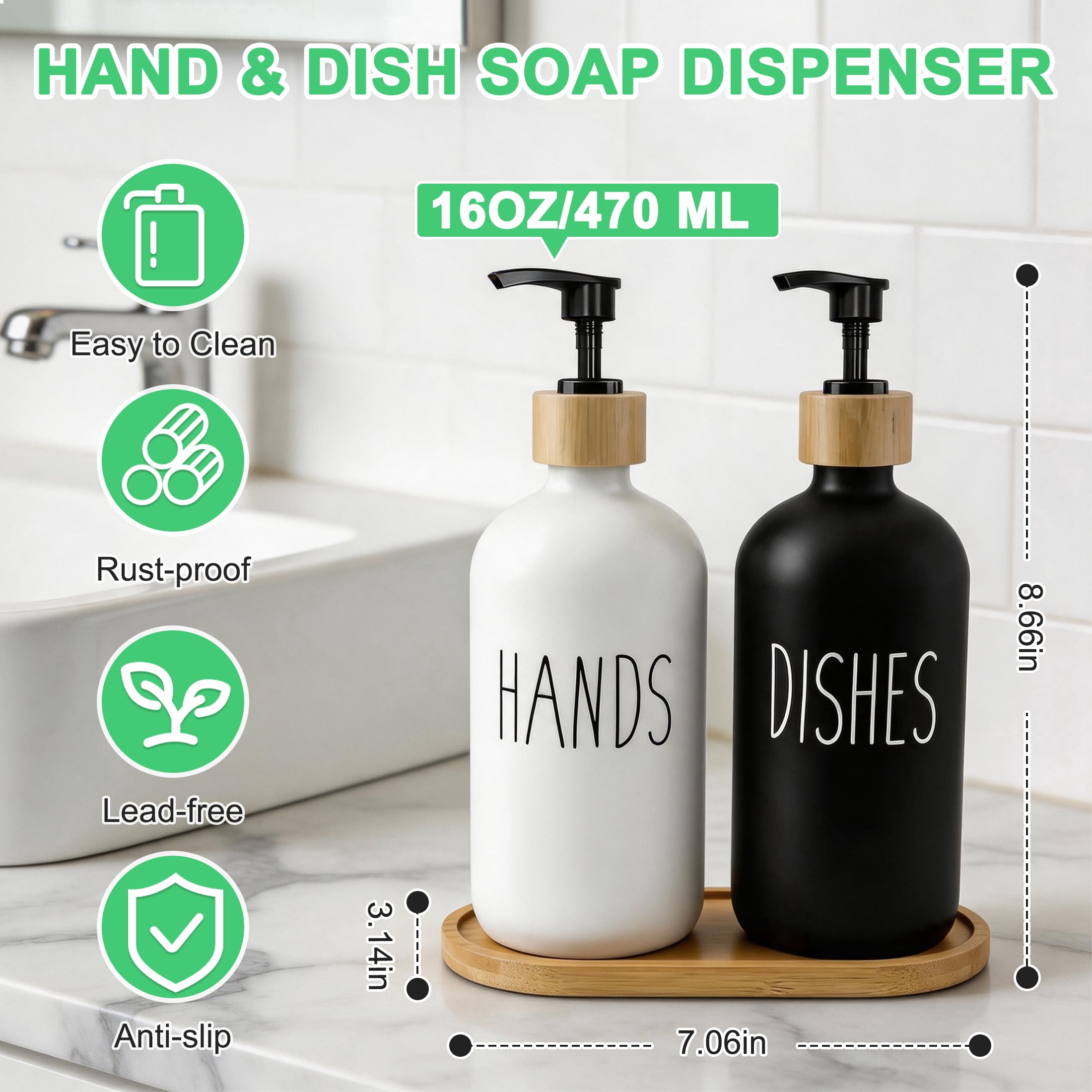 CISILOV Glass Soap Dispenser Set, Hand Soap & Dish Soap Bottles with Tray, Matte Black & White Frosted Glass Soap Bottles for Kitchen Sink Bathroom Countertop