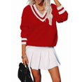 thumbnail image 4 of Women'S Casual V Neck Long Sleeve Sweater Trendy Striped Pullover Cable Knit Preppy Sweaters Red XL, 4 of 10