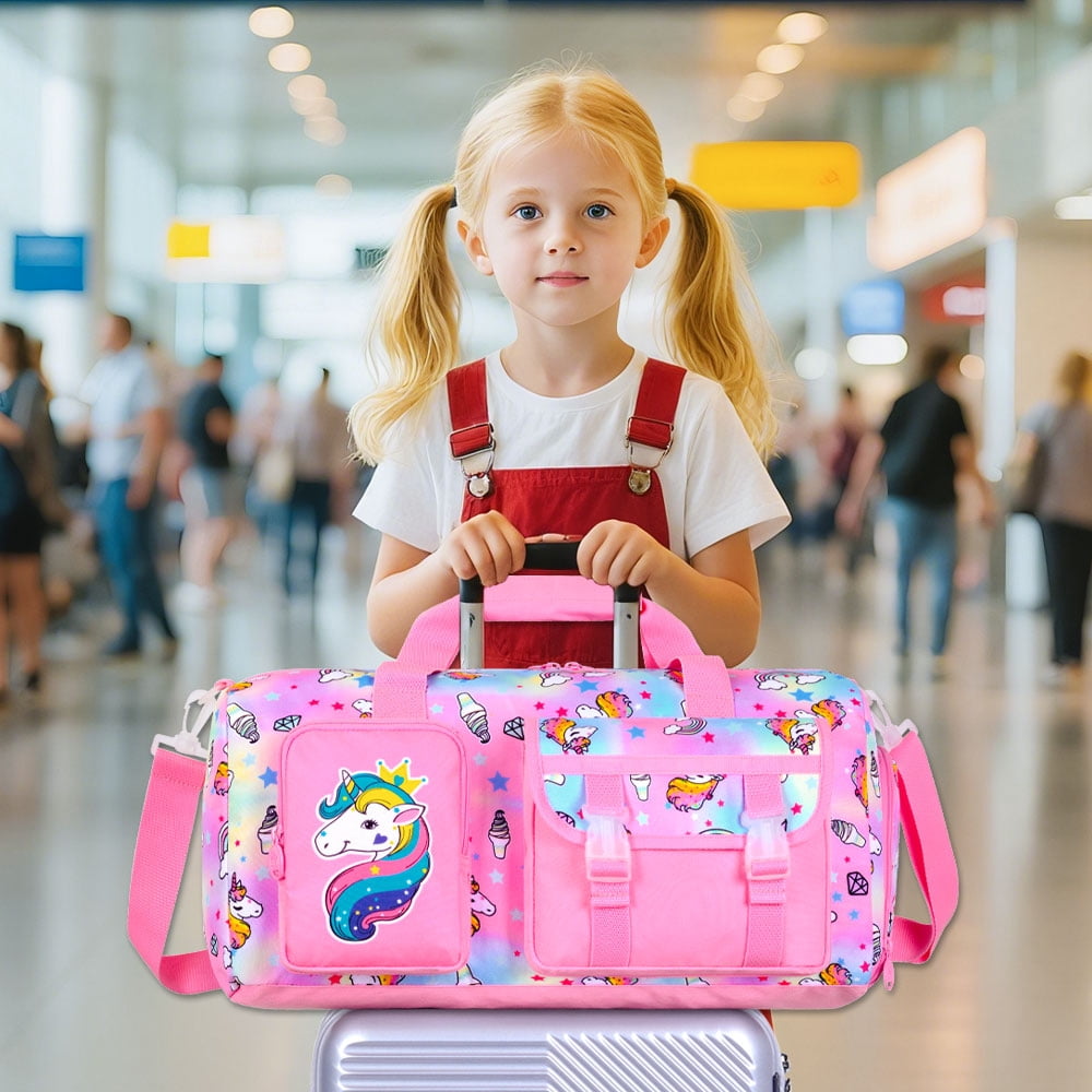 Kids Travel Duffle Bag for Girls with Shoe Compartment, A Sports Gym Weekender Overnight Sleepover Bag for Toddler Little Kid - Pink Unicorn
