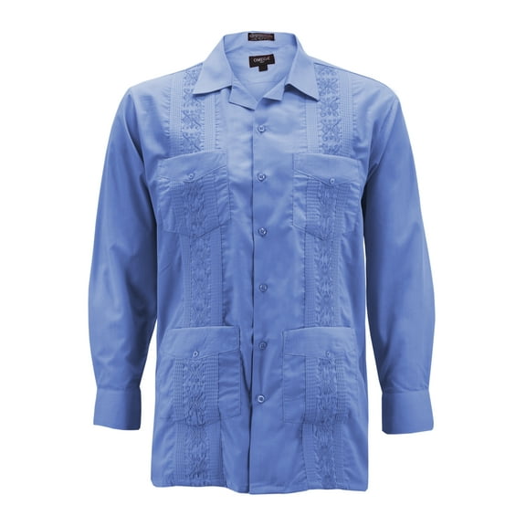 Men's Guayabera Long Sleeve Button Up Cuban Beach Casual Embroidered Dress Shirt (French Blue, M)