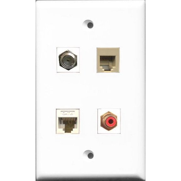 RiteAV 1 Port RCA Red and 1 Port Coax Cable TV- F-Type and 1 Port Phone RJ11 RJ12 Beige and 1 Port Cat6 Ethernet White Wall Plate