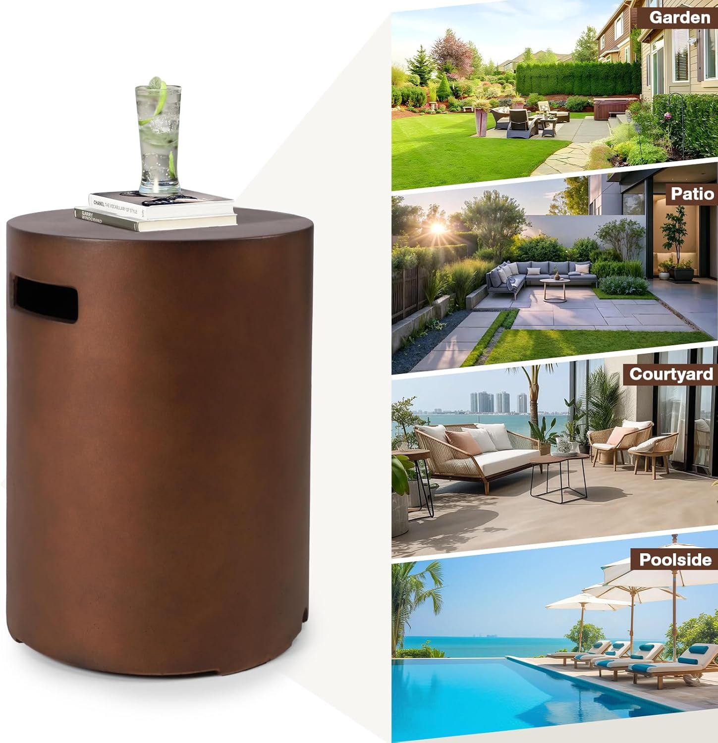 Propane Tank Cover Table 16"x16"x20"H Round Propane Tank Storage Hideaway Box for Gas Fire Pits, Brown Concrete Gas Tank Holder Outdoor Side Table for 20 Pound Gas Tank