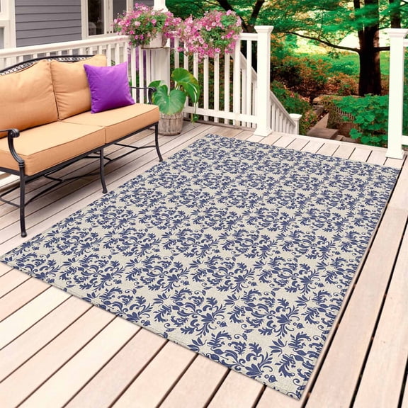 Navy Blue Baroque Outdoor Rug for Patio/Deck/Porch, Non-Slip Large Area Rug 4 x 6 Ft, Vintage Abstract Art Pattern Indoor Outdoor Rugs Washable Area Rugs, Reversible Camping Rug Carpet Runner