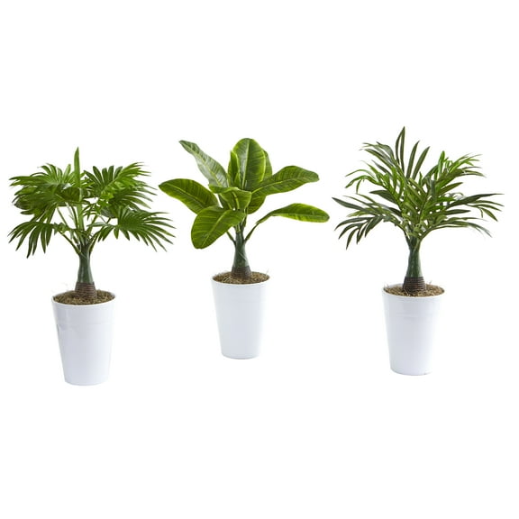 Nearly Natural Green 18"H Assorted Mini Palm and Banana Artificial Plant in White Planter (Set of 3)