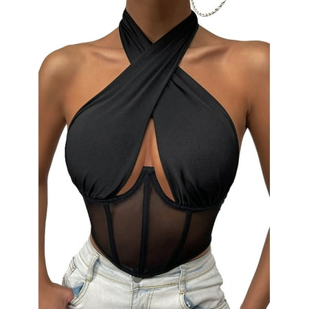 

MERSARIPHY Women Solid Color Camisole Halter Neck See Through Mesh Corset Crop Tops