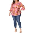 thumbnail image 2 of Agnes Orinda Women's Plus Size St. Patrick's Day Floral Blouses V Neck Ruffle 3/4 Sleeves Babydoll Peplum Tops 4X Orange Pink, 2 of 6