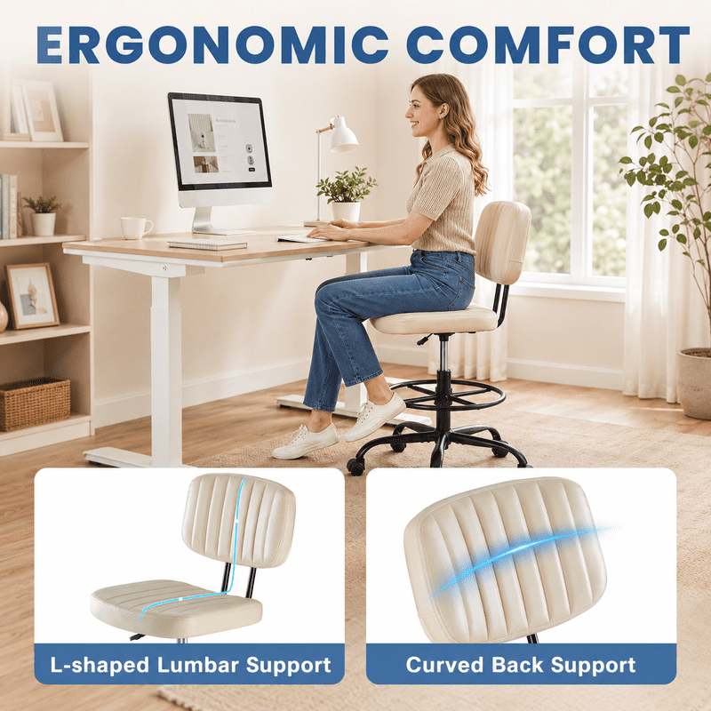 Simple Deluxe Armless Drafting Chair with Footrest, PU Leather, Beige