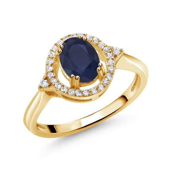 Gem Stone King 1.34 Ct Oval Blue Sapphire 18K Yellow Gold Plated Silver Ring (Size 6)