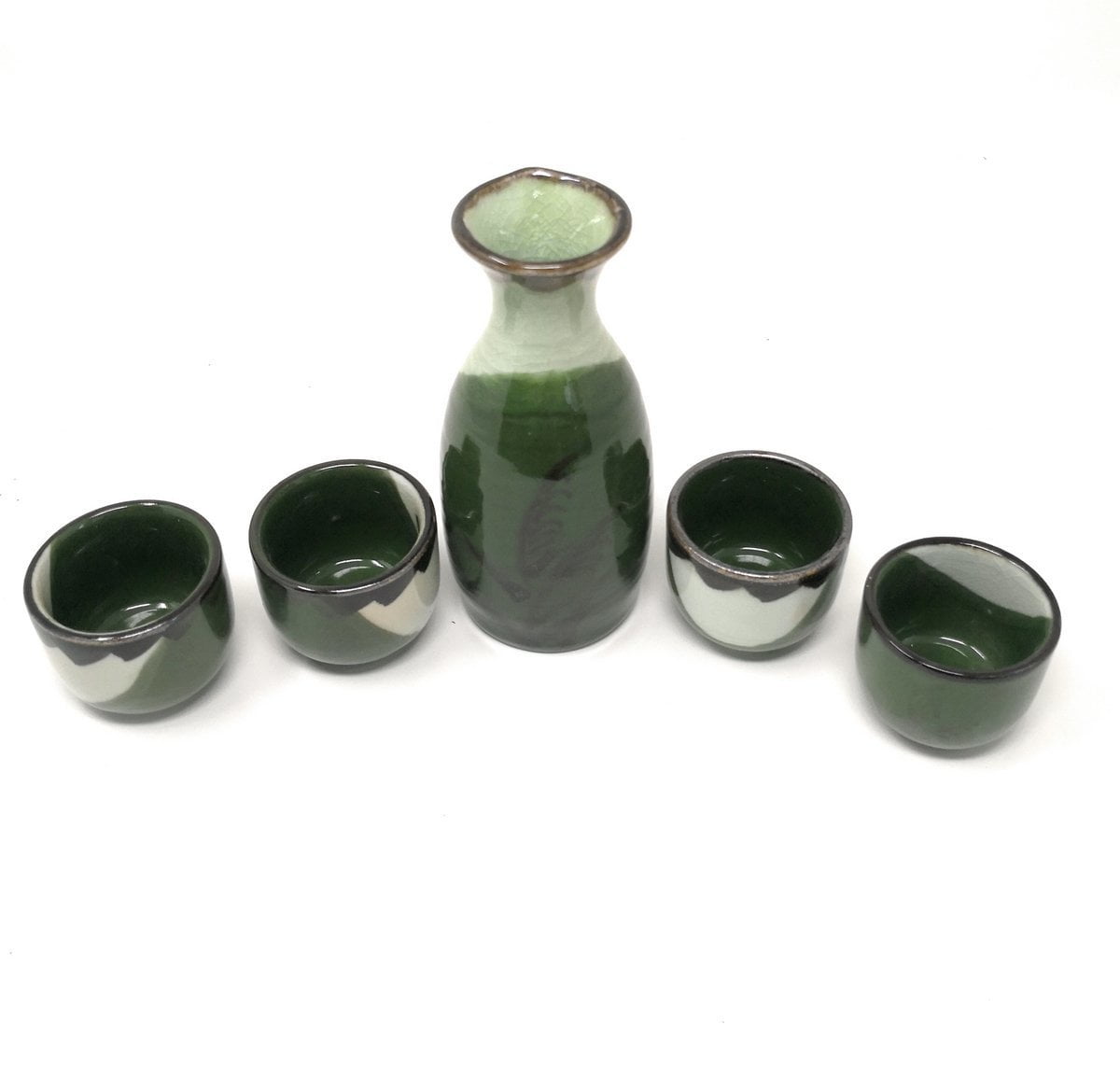Japanese Asian Lucky Bamboo 12 fl oz Porcelain Sake Set Decanter with Four Cups Drinkware Gift Set 