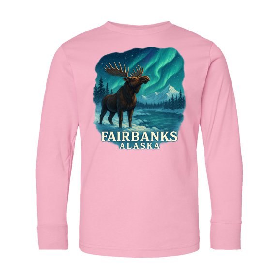 Inktastic Fairbanks Alaska Moose Northern Lights Scenic Art Long Sleeve Youth T-Shirt