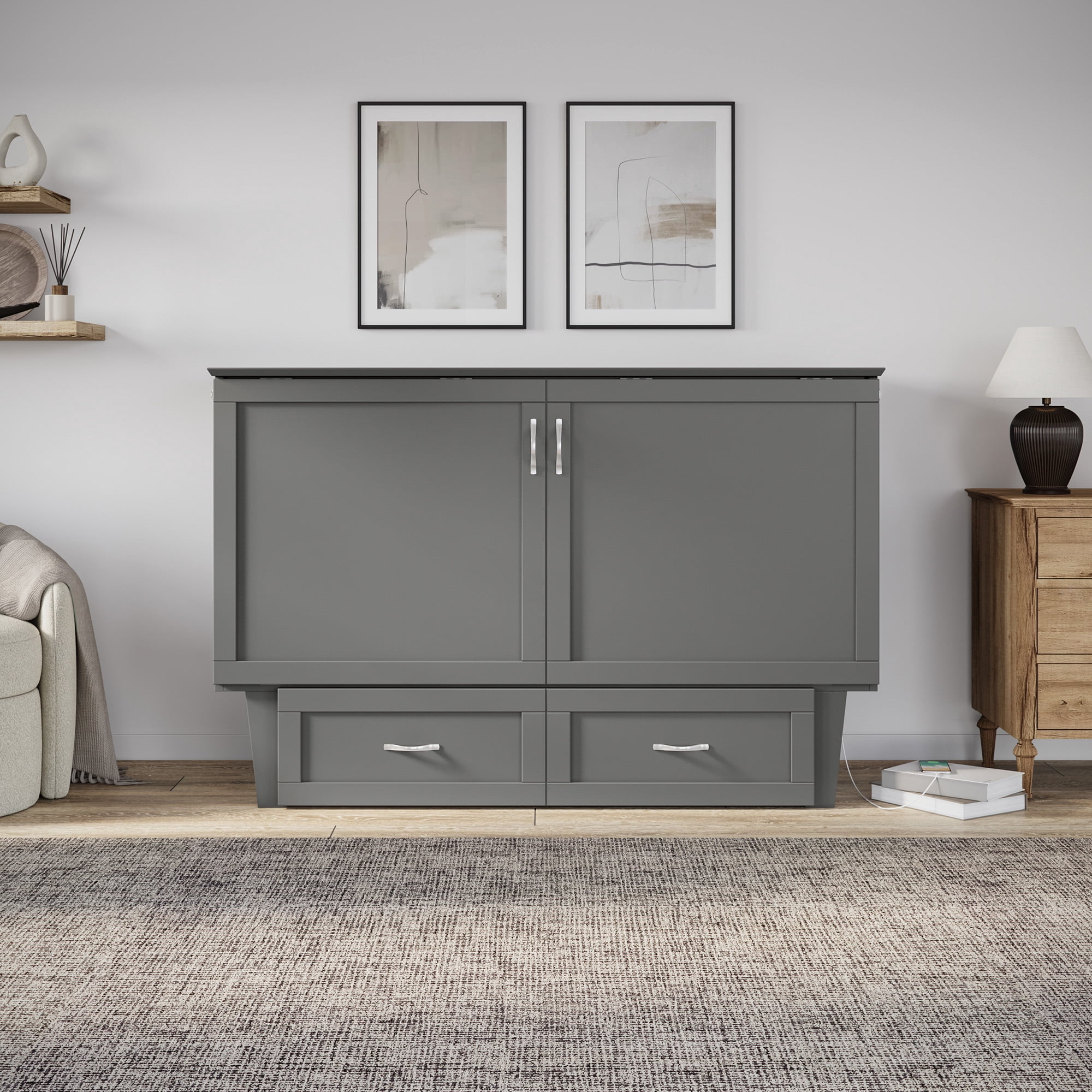 AFI Chelsea Queen Murphy Bed Chest with Mattress, Storage & Built-in Charging, Grey