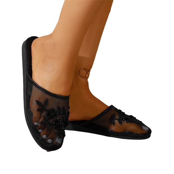 Norvail Womens Fashionable Mesh Floral-Decorated Casual Closed-Toe Slippers, Breathable Knit Upper with Pretty Flower Embellishment, Comfortable Cushioned Insole for Indoor and Outdoor Wear