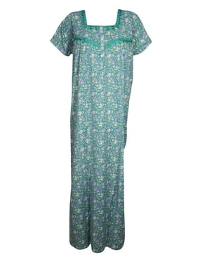 Mogul Women BLUE Maxi Dress Button Front Square Neck Printed Nightwear Housedress Sleepwear Kaftan XL