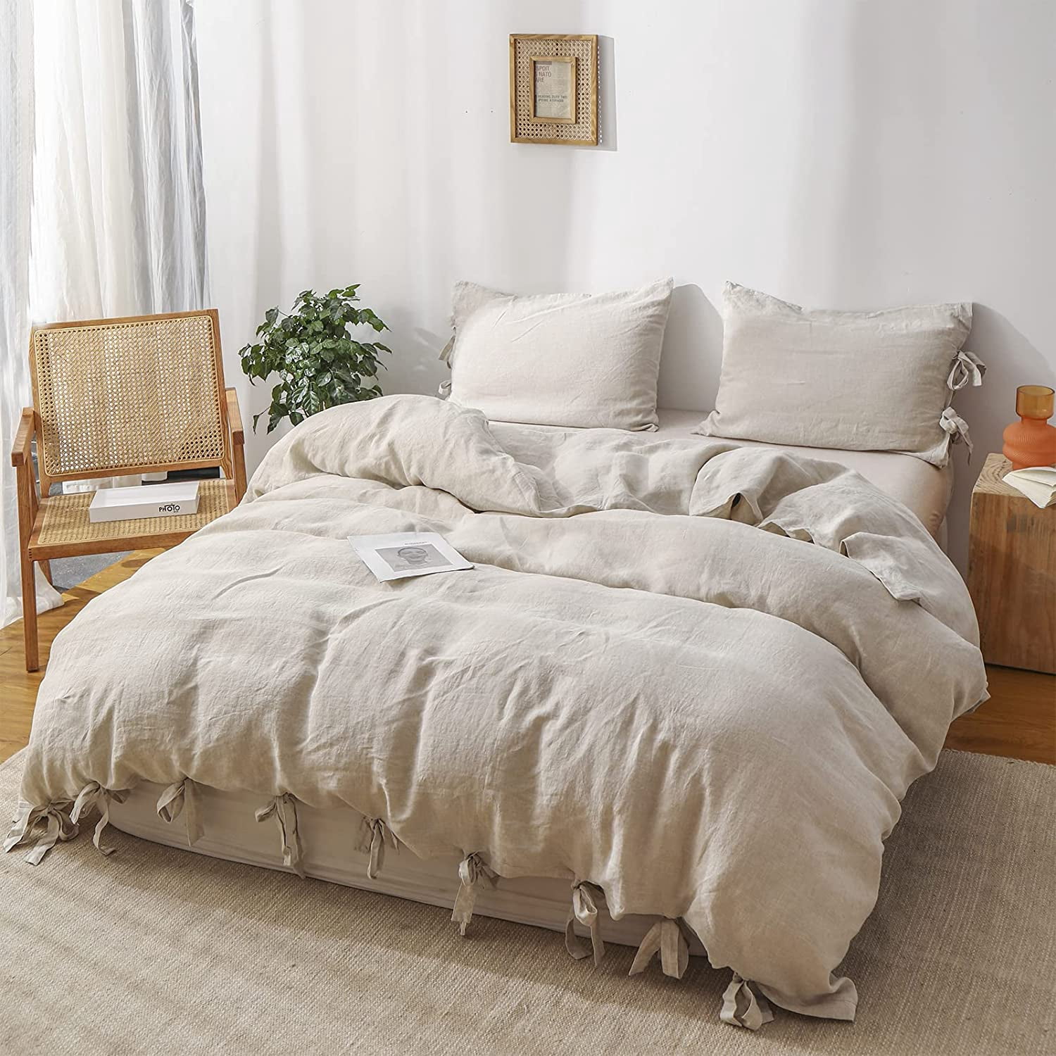 Simple&Opulence 100% Linen Duvet Cover Set, 3 Piece Belgian Flax Breathable Bedding, Queen Size 88''x92'' (1 Comforter Cover+2 Pillowshams) with Tie Closure Style,Linen