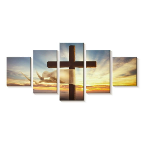 Elephant Stock Holy Cross Wall Art - Horizontal Multi Panel Canvas - Living Room Wall Decor - Religion And Spirituality Multi Panel - Blue And Yellow Decor - 29" x 12"