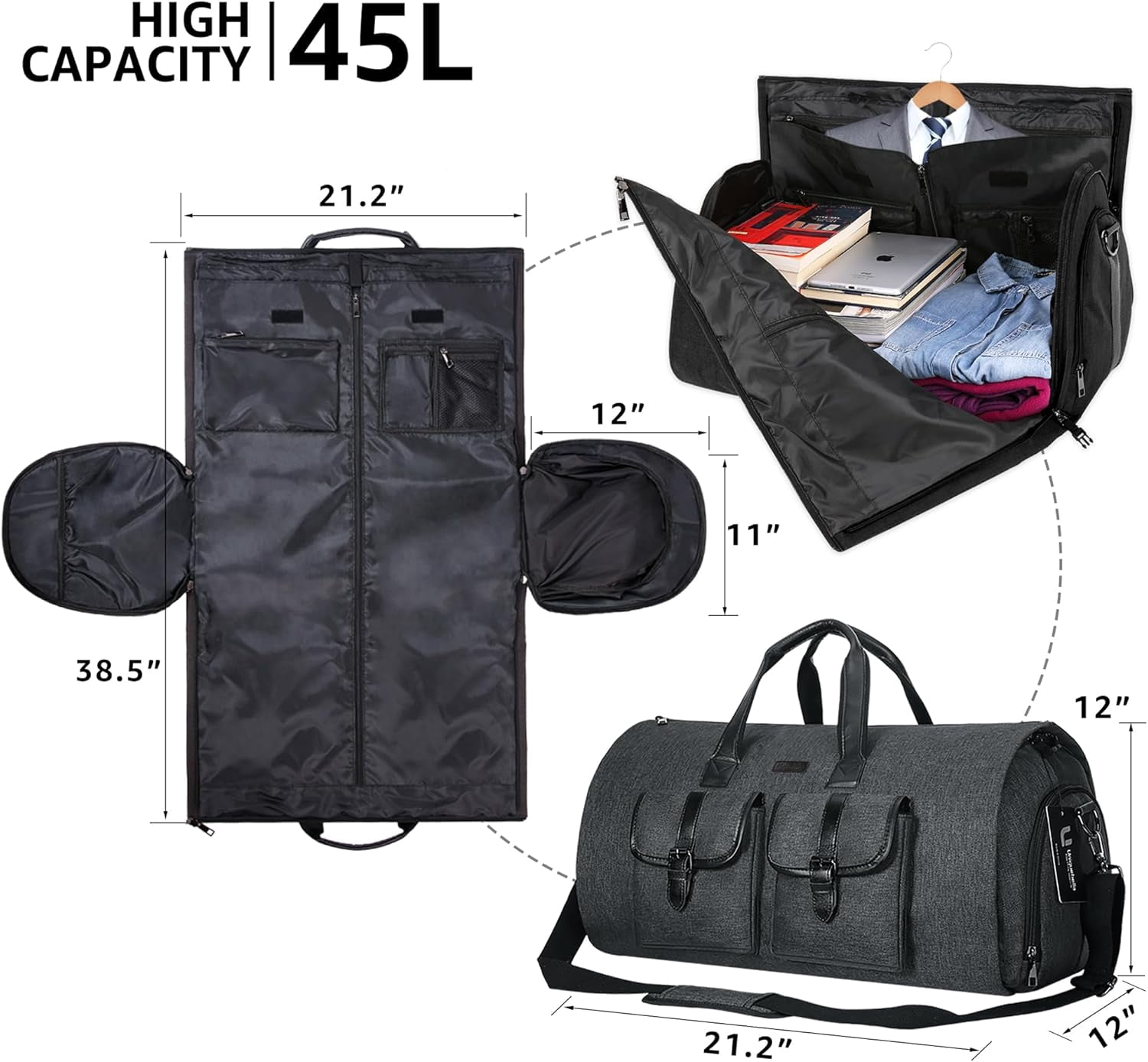 Oenbopo Garment Duffel Bag,45L Suit Bag Garment Bag with Shoe Compartment for Business Trips,Multifunctional Travel Bags for Women and Men