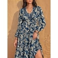 thumbnail image 4 of Females Boho Floral Long Sleeve Maxi Dress V Neck Waist Fall Wedding Guest Dresses with Pockets Navy Blue S, 4 of 9