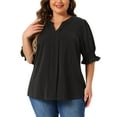 thumbnail image 1 of Blusa de gasa de mujer plus size Agnes Orinda, con cuello en V, mangas cortas abullonadas, casual, color negro, talla 2X, 1 of 6