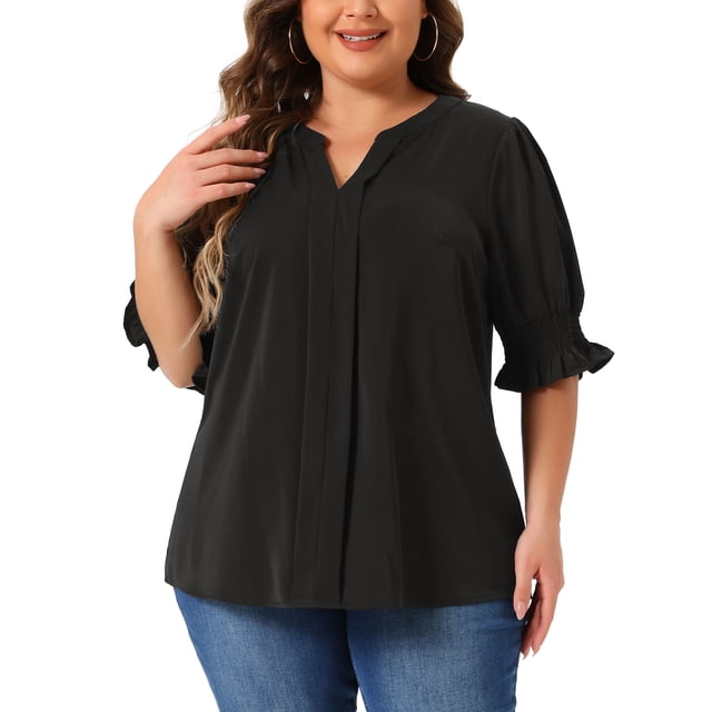 Blusa de gasa de mujer plus size Agnes Orinda, con cuello en V, mangas cortas abullonadas, casual, color negro, talla 2X