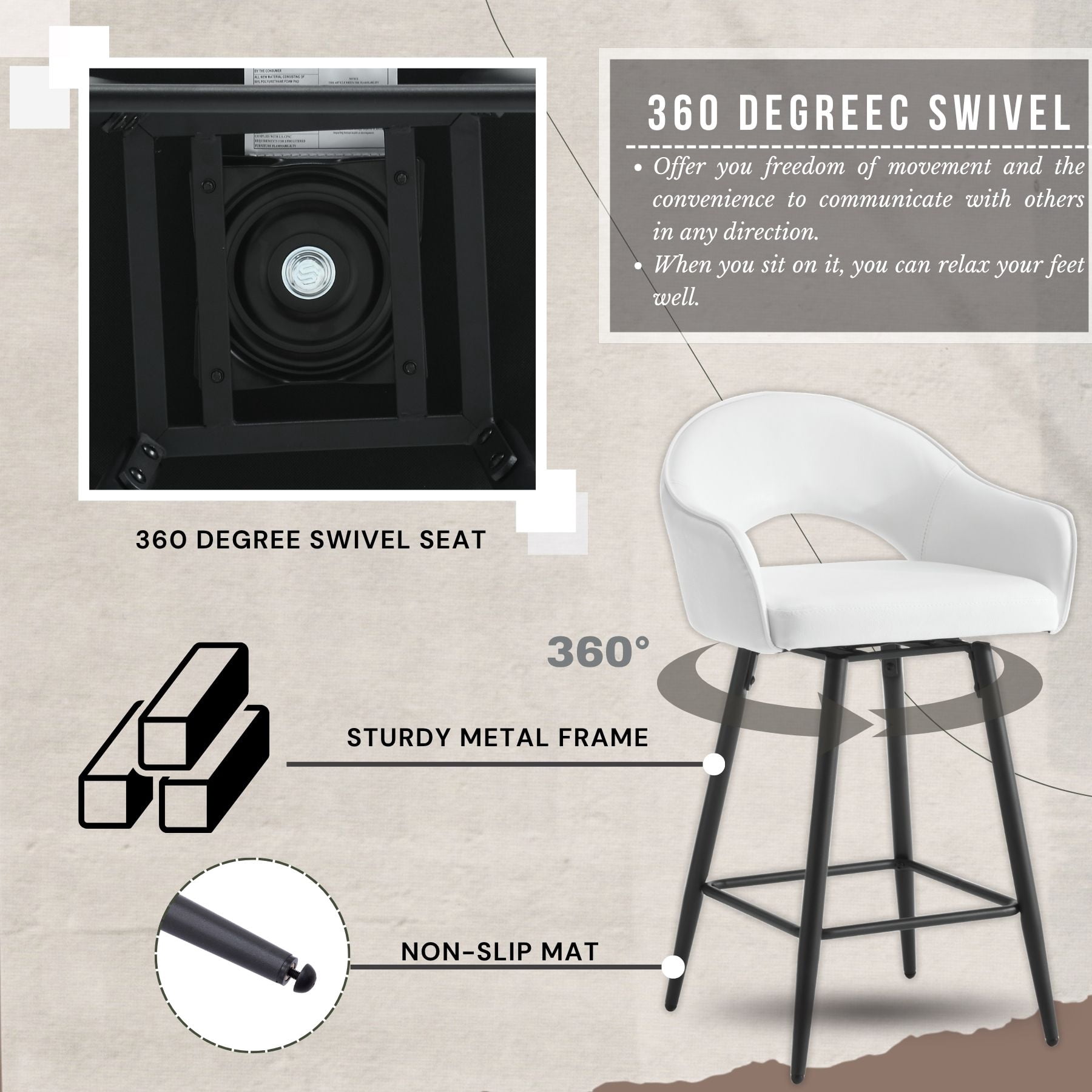 27" Modern Swivel Bar Stools Set of 2, Velvet Counter Height Stools with Metal Legs, Hollow Curved Backrest for Kitchen Island, Home Bar, Bistro, Cream White