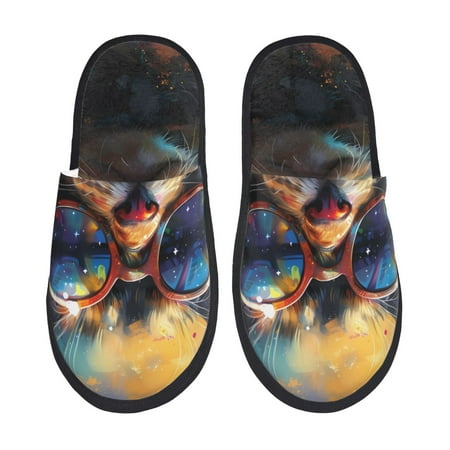 Balery Cool Cat With Sunglasses Slient Indoor Furry Fleece Comfort House Shoes Soft Non-Slip Home Shoes Cotton slippers House Slippers-- Medium