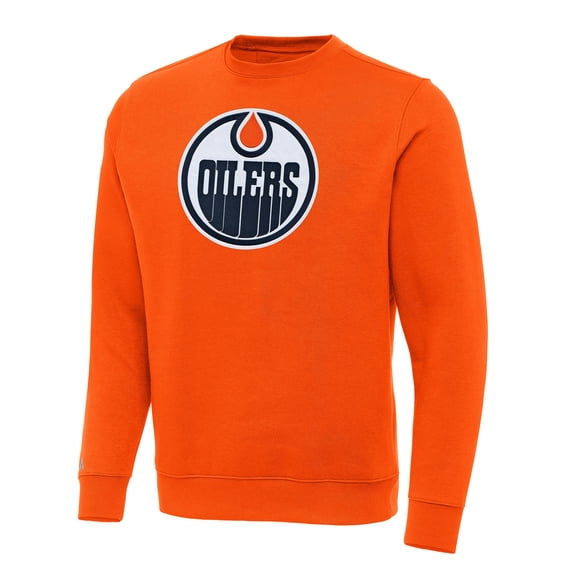 Men's Antigua Orange Edmonton Oilers Victory Crewneck Pullover Sweatshirt