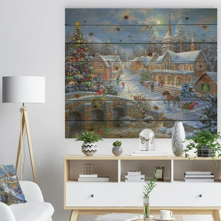Open Clip Art Christmas DESIGN ART Designart 'Christmas Paradise with church snow and open sleigh' Print on Natural Pine Wood - Orange ()