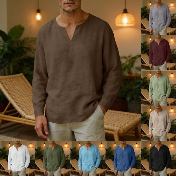 Mifsaly Mens Beach Shirts V Neck Long Sleeve Cotton Linen Shirt Lightweight Breathable Loose Fit Vacation Lounge Fashion T-Shirts Brown,L