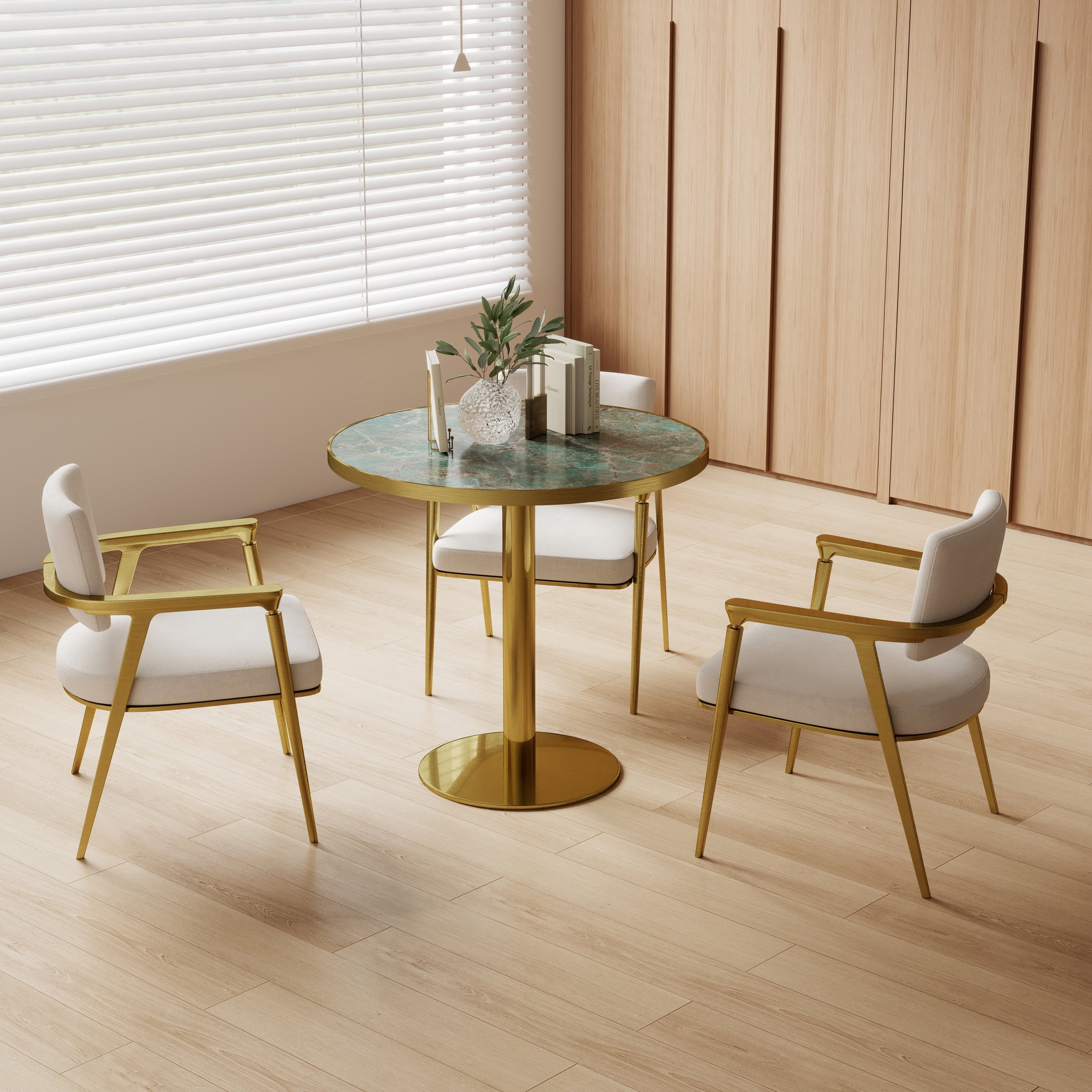 Noble House 31.5" Round Dining Table with Faux Marble Top, Luxury Bistro Table with Stainless Steel Legs, Gray & Gold