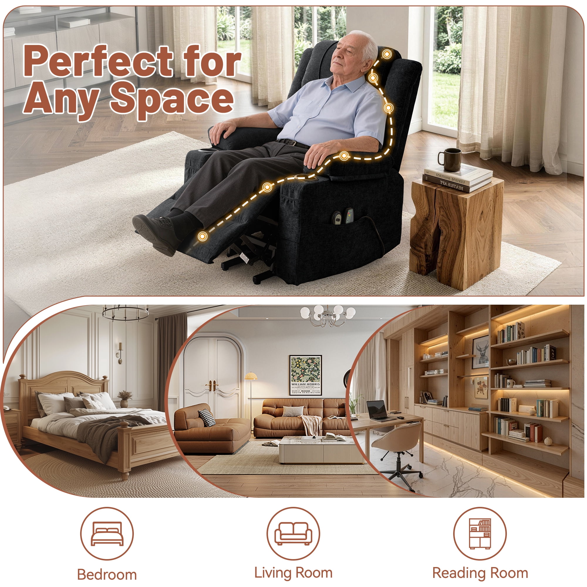 Korser Power Lift Recliner Chair for Elderly with Massage and Heat,Electric Lift Reclining Chair with Side Pockets and Cup Holders,Massage Recliner Chair for Living Room,Chenille,Black