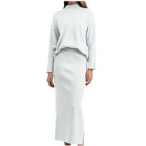 qolati Women 2 Piece Outfits High Neck Knit Pullover Top and High Waisted Maxi Skirts Sweater Set Causal Slim Fit Long Sleeve Lounge Suits