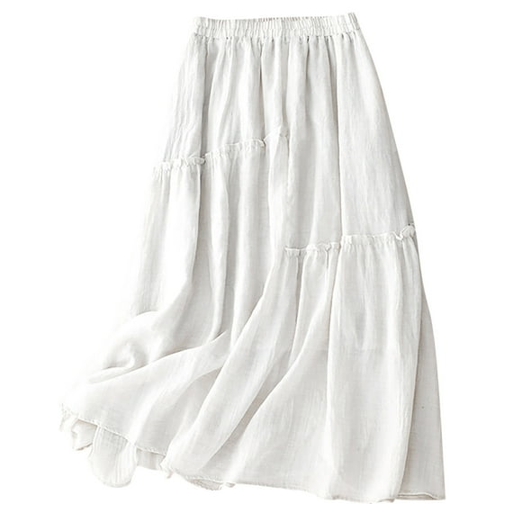 Mrat Ruffle Skirt Solid Summer New Double Layer Cotton Linen Skirt for Women Chiffon Skirts S-201 White One Size