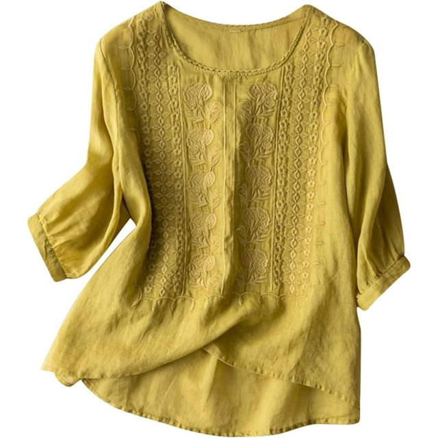 Womens Summer Tops Lightweight Base Layer Women Boho Loose Embroidered Linen T Shirt Vintage Retro Style Summer Lightweight