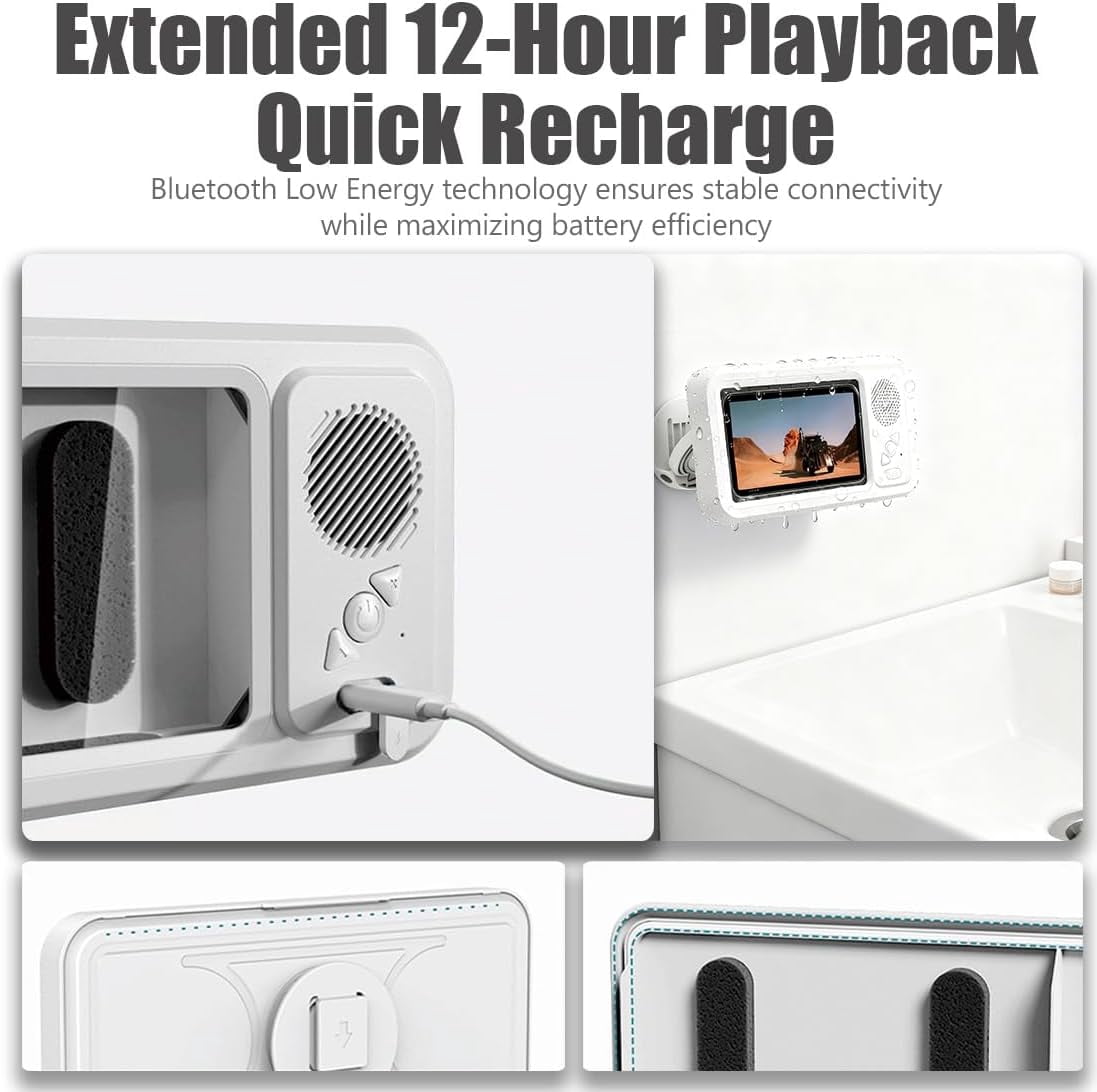LOUQIBINE Shower Phone Holder with Bluetooth Speaker, 100% Waterproof and Fog-Proof Design, 360° Rotation Mount for Bathroom Use, Compatible with Phones Under 9 Inches