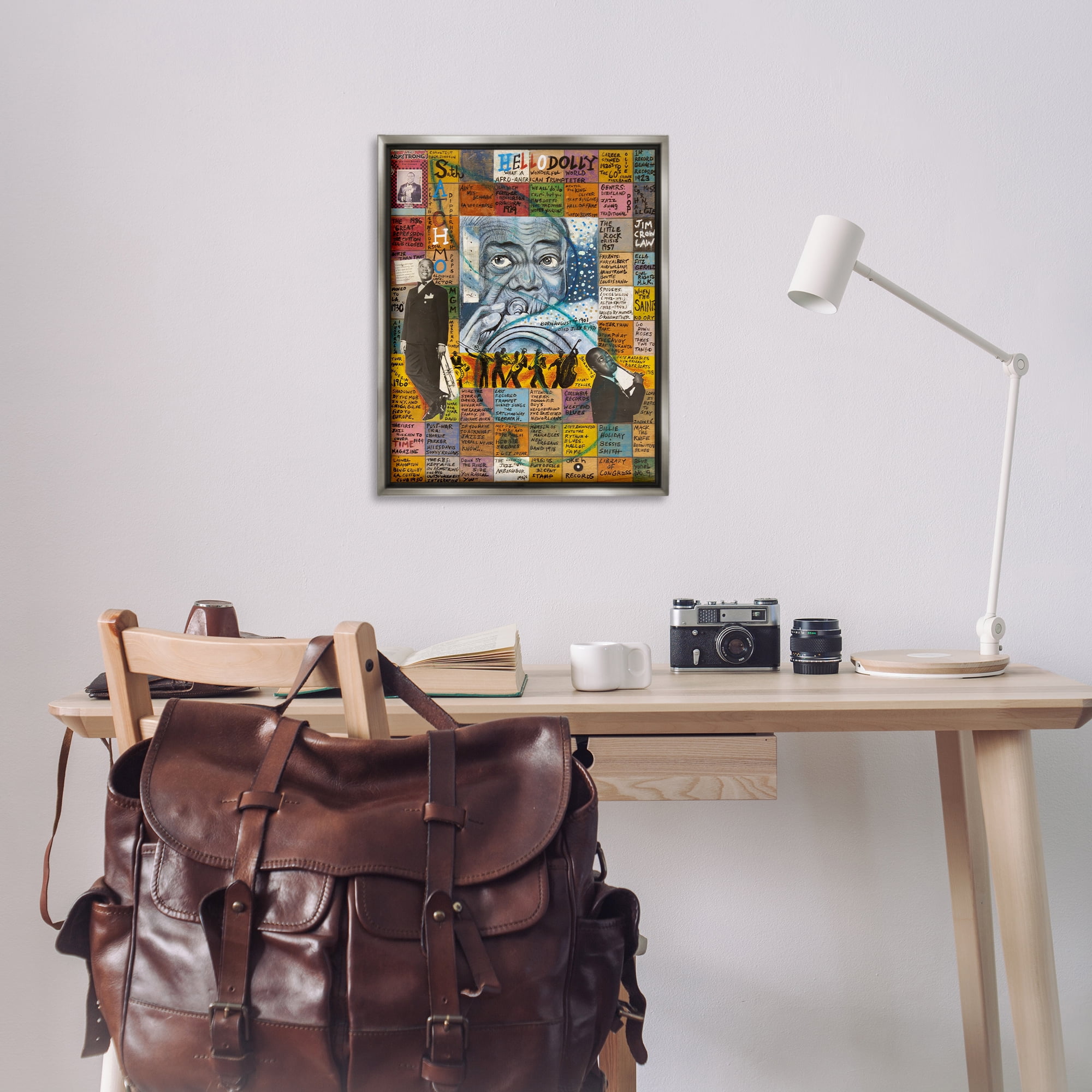 Stupell Industries Louis Armstrong Collage People Drawing Gray Floater Framed Canvas Art Print Wall Art, 25 x 31