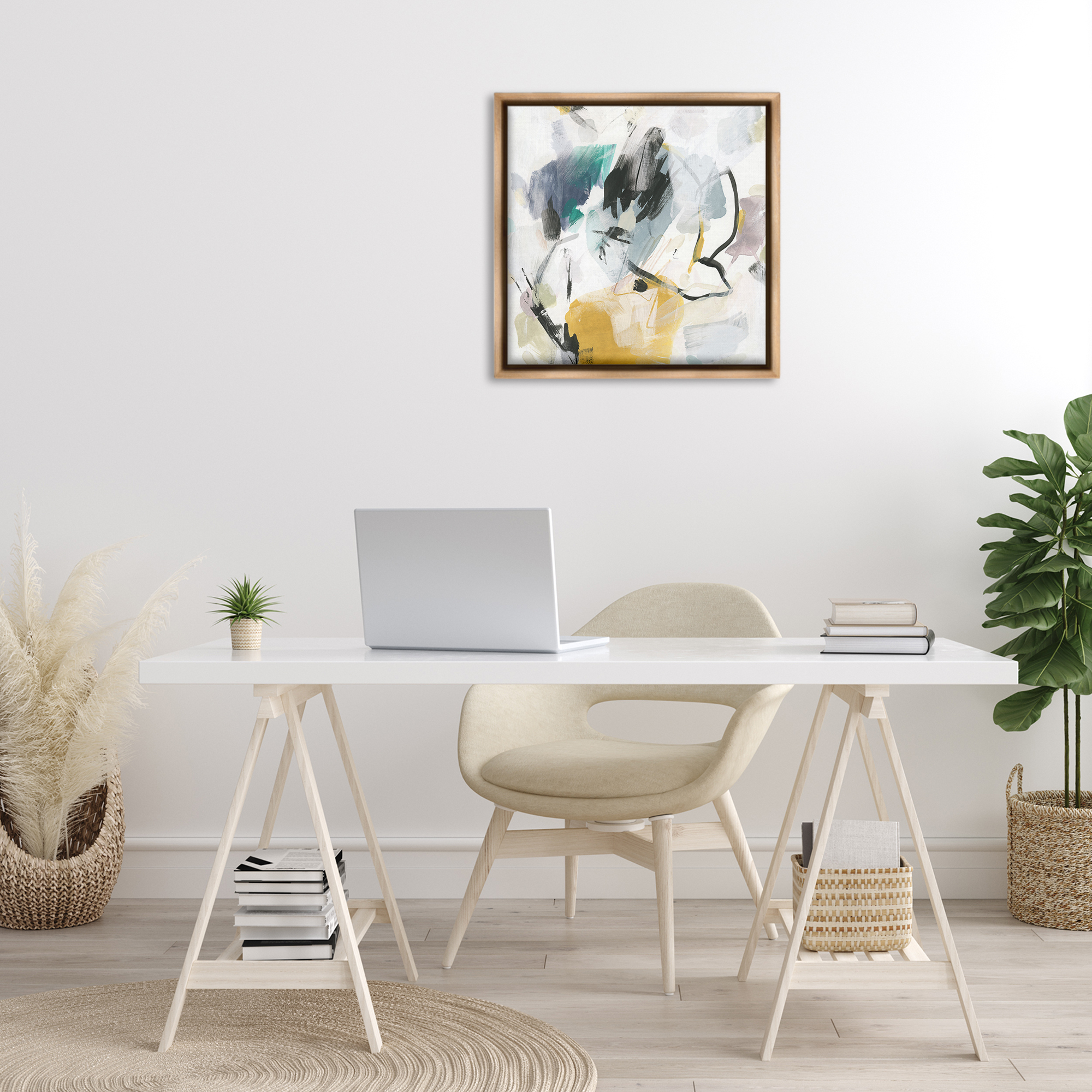 Stupell Industries Chaotic Abstract Yellow Accent Abstract Painting Brown Floater Framed Canvas Art Print Wall Art, 25 x 25