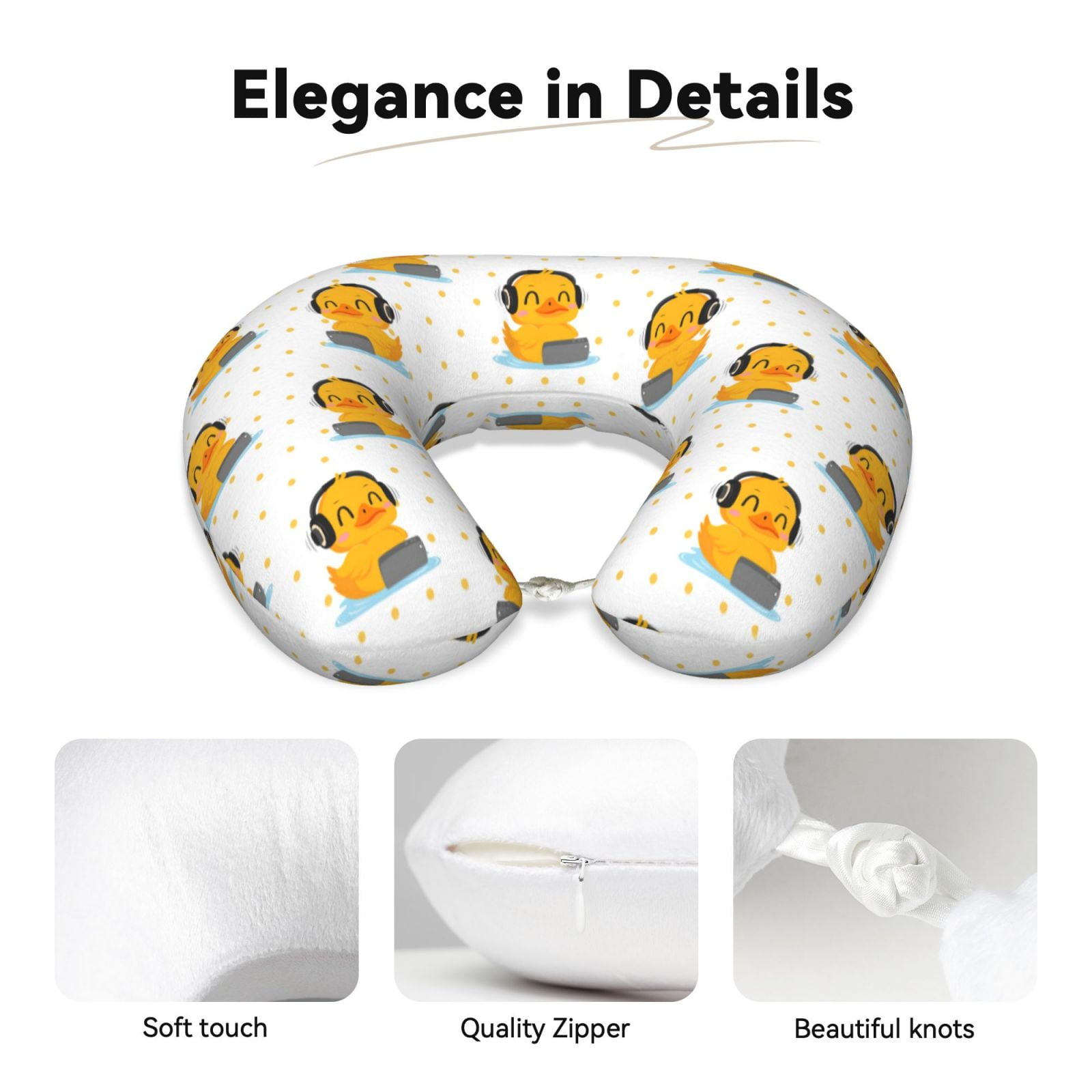 Xecao Cute Duck With Headphone Print Memory Foam Cervical Neck Pillow Versatile U-Shaped Pillows for Home,Office,Camping,Travelling,Soft Washable Cover