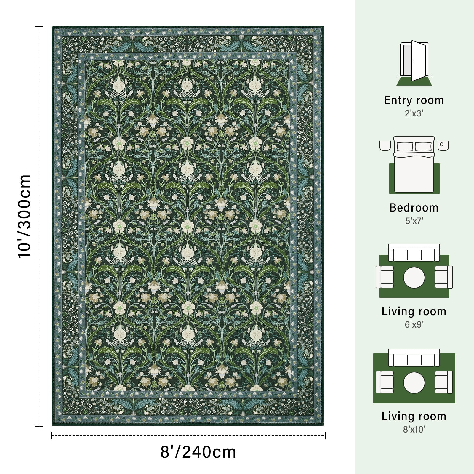 8x10 Area Rugs for Living Room, Green Washable Area Rugs with Non-Slip Backing, Boho Floral Vintage Carpets Low Pile for Dining Room, Bedroom, Home Office, Indoor, Nursery, Apartment.