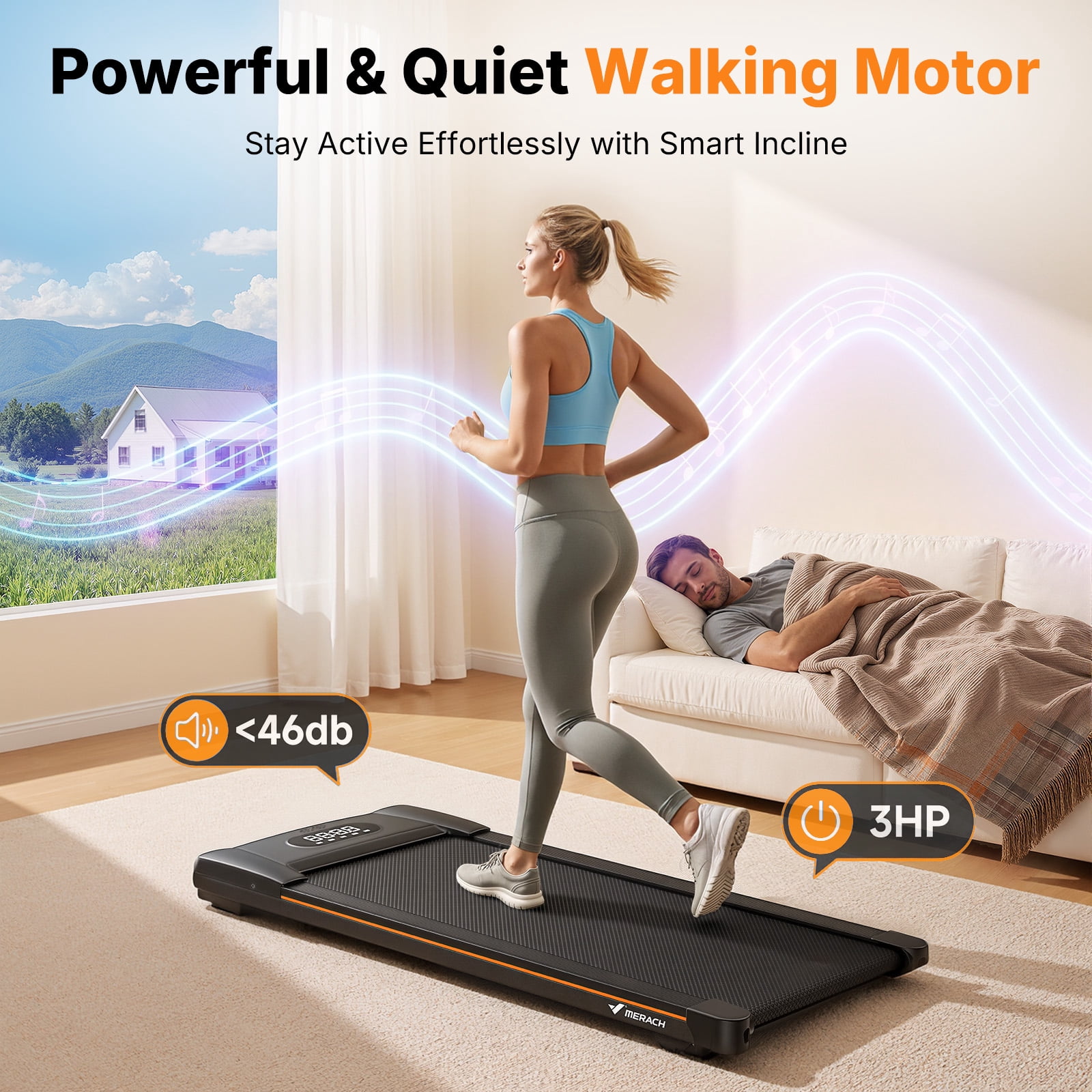 MERACH W50 Lite Walking Pad with 10% Auto Incline, 350lb Under Desk Treadmill with Bluetooth Speaker