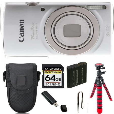 Canon PowerShot ELPH 180 Camera (Silver) + Tripod + Case - 64GB Kit