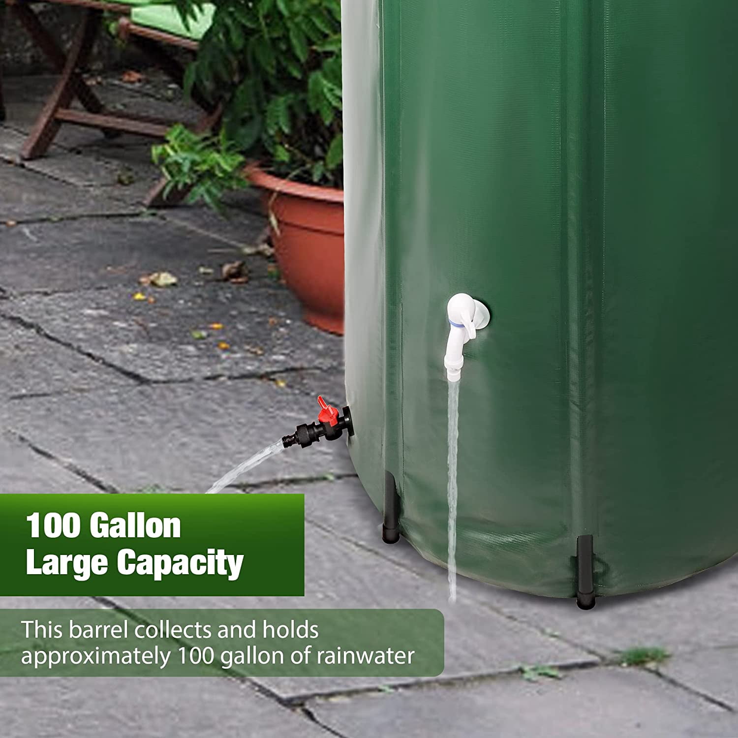 100 Gallon Portable Rain Barrel Water Tank, Collapsible Rainwater Collection System, Water Storage Tank, Garden Water Catcher with Faucet & Overflow, Green