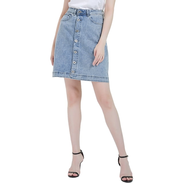 Womens Vintage Stretch Denim Jean Button Flare Skirt with Side Pocket