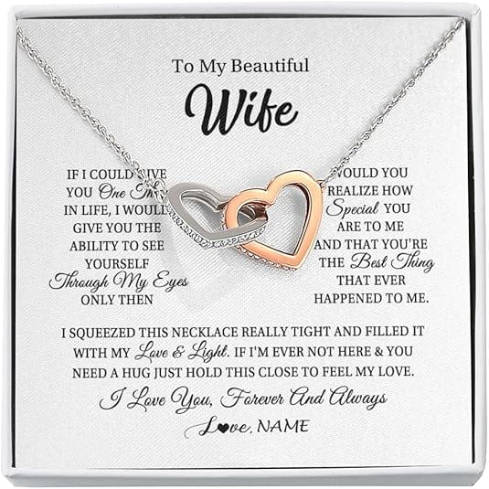 To My Wife Necklace with Personalized Card, Birthday Gift for Wife from Husband, Interlocking Heart Necklace for Women, Anniversary Gift for Wife with Message Card and Gift Box
